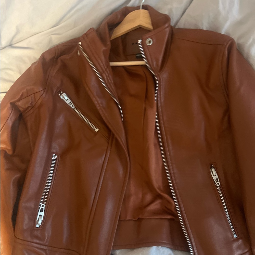 Brown Leather Motorcycle Jacket with Silver Zippers - Picture 2 of 4